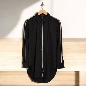Ellen Tracy Tape Trim Poplin Oversized Black Blouse Size S
